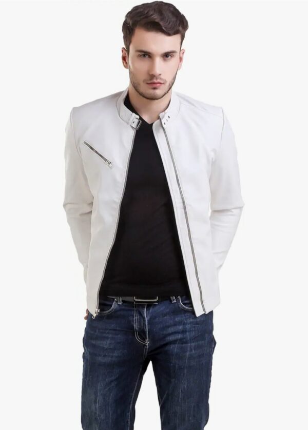 The White Knight – Men’s Minimalist White Leather Racer Jacket | Clean Lines & Bold Style - Image 2