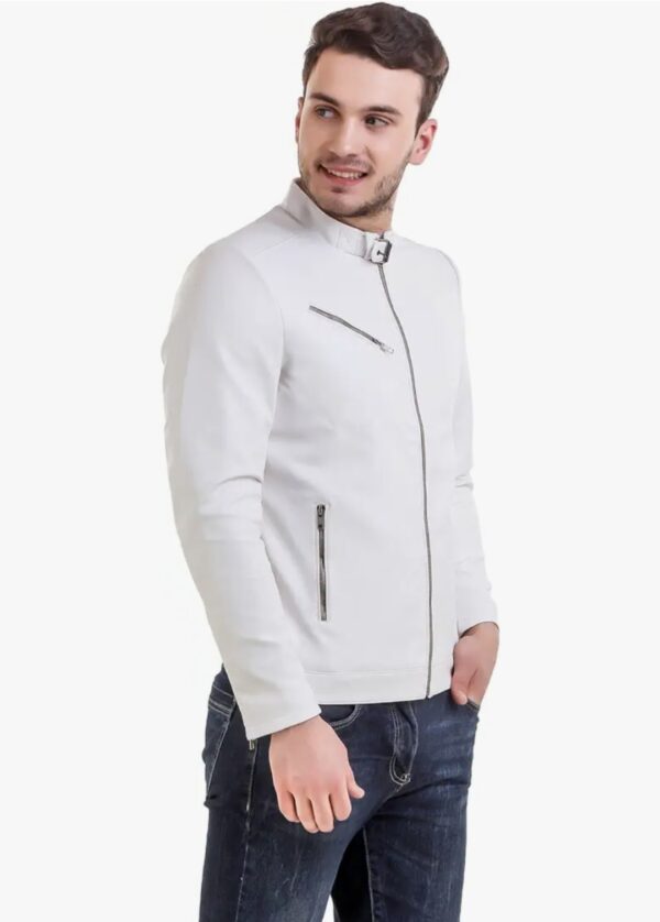 The White Knight – Men’s Minimalist White Leather Racer Jacket | Clean Lines & Bold Style - Image 5