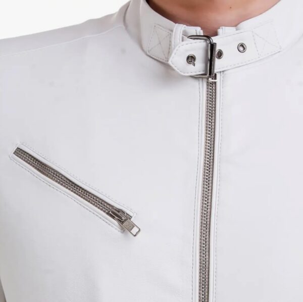 The White Knight – Men’s Minimalist White Leather Racer Jacket | Clean Lines & Bold Style - Image 4