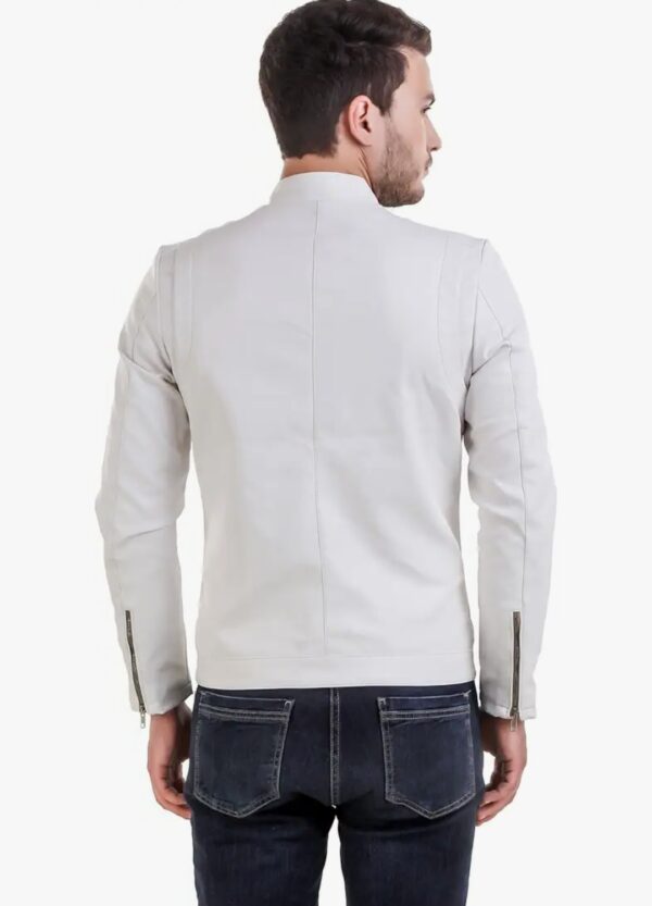 The White Knight – Men’s Minimalist White Leather Racer Jacket | Clean Lines & Bold Style - Image 3