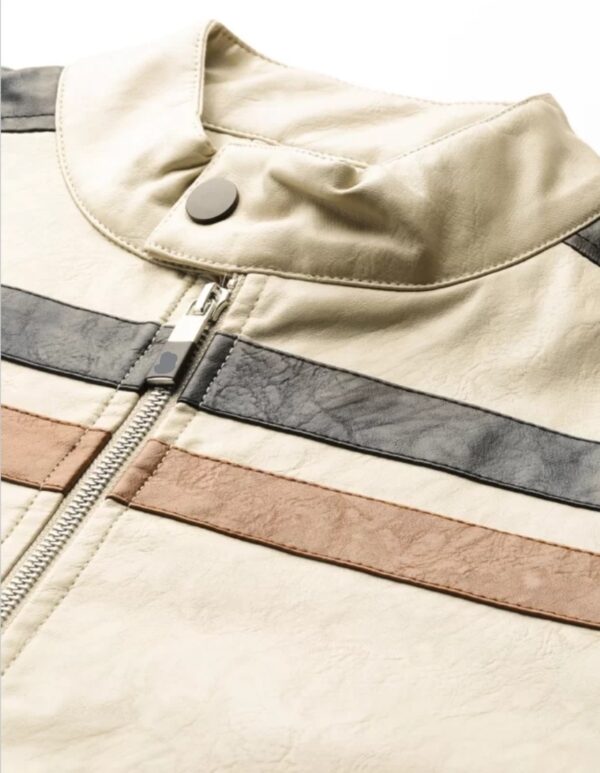 Men's Beige Striped Leather Jacket, racer jacket - Image 7